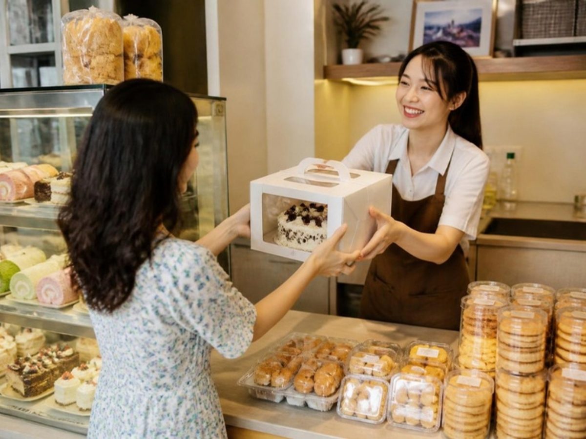 Nhân viên cửa tiệm trao hộp bánh cho khách